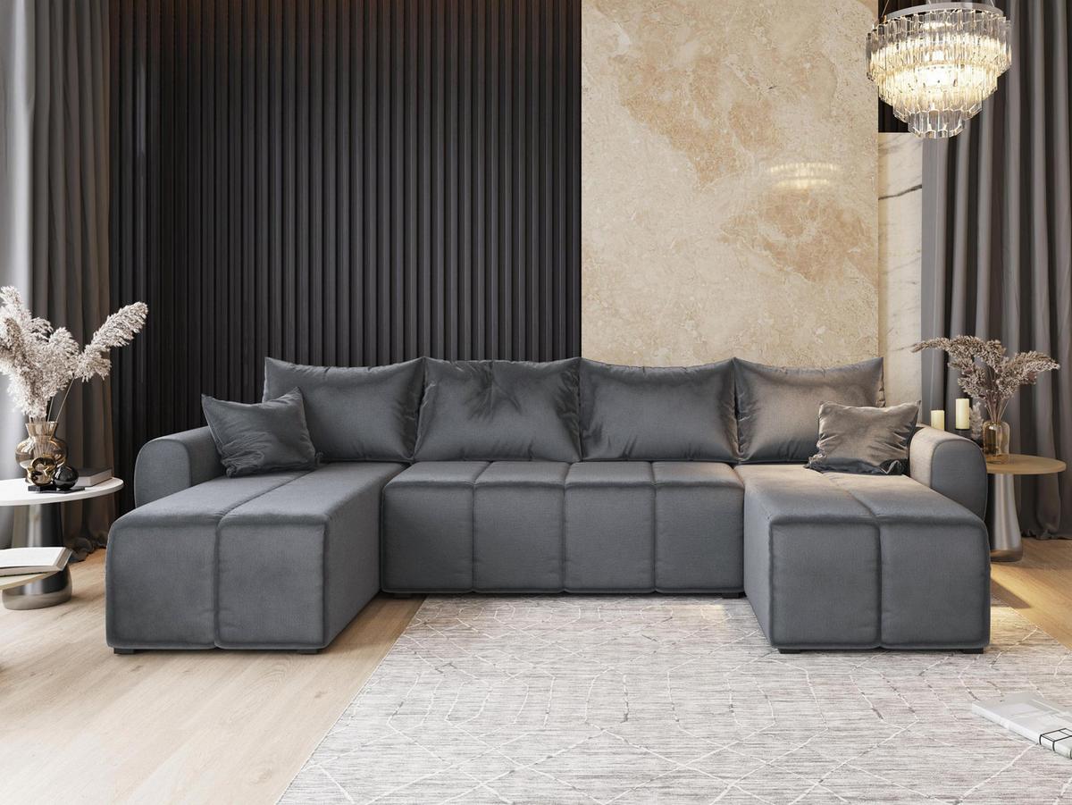 WOHNLANDSCHAFT MADISON U Grau Plüsch-Stoff mit Schlaffunktion - Schwarz/Grau, Holz/Kunststoff (311/82/145cm) - MASSENO