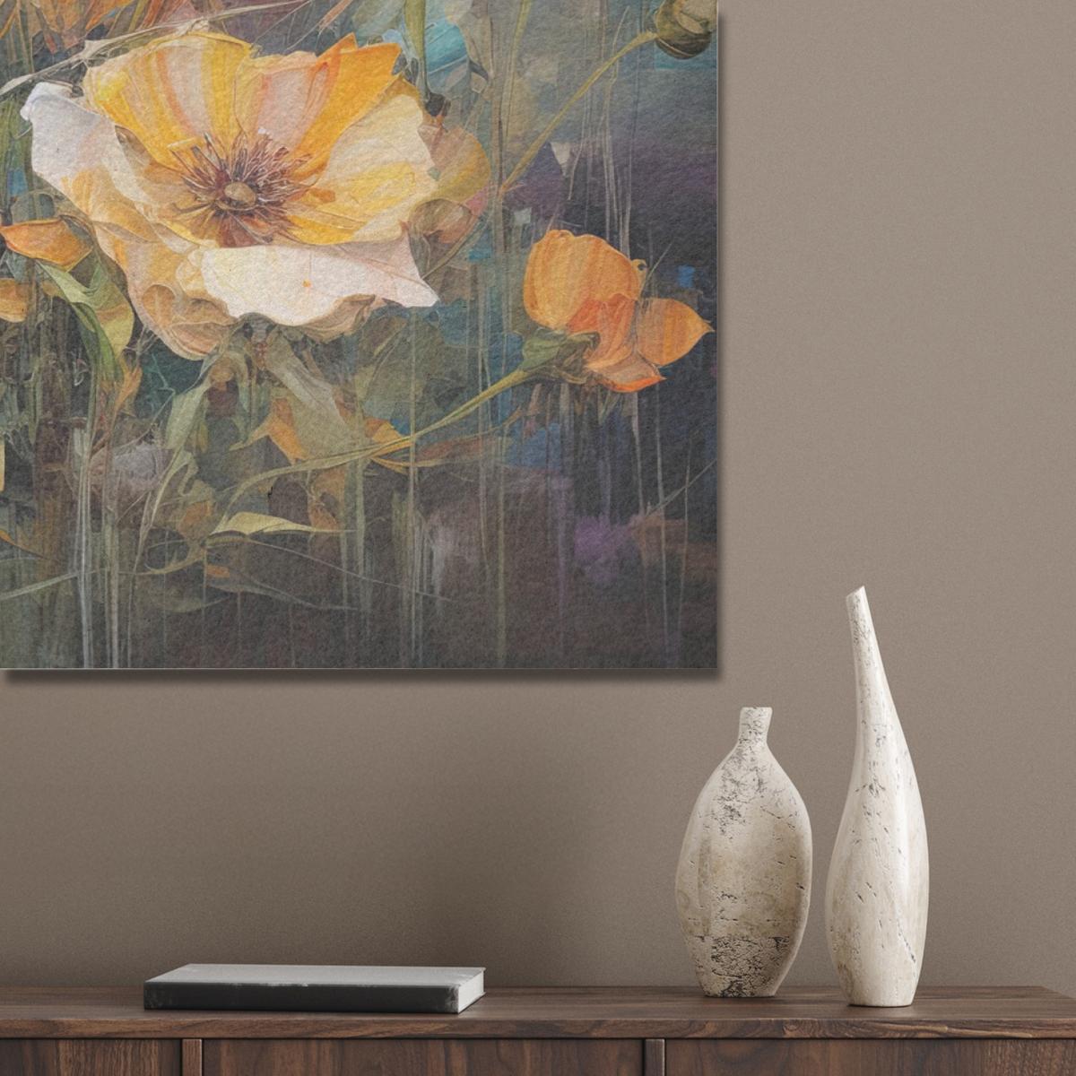 AKUSTIKBILD Blumen - Aquarell - Kunst - Botanisch - Natur Wandbild Wohnzimmer 100x70 cm - Orange, Kunststoff (100/70/0.9cm) - MuchoWow