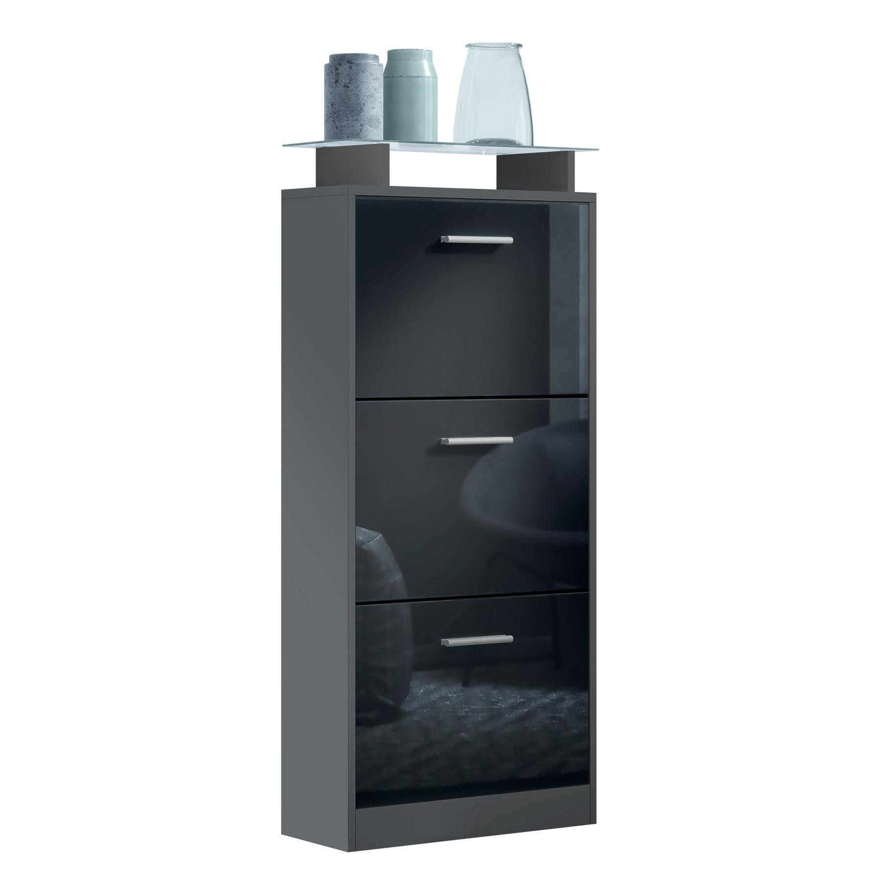 SCHUHSCHRANK Lavia Front in Schwarz Hochglanz - Schwarz Hochglanz, Holzwerkstoff (46/128/23cm) - Vladon
