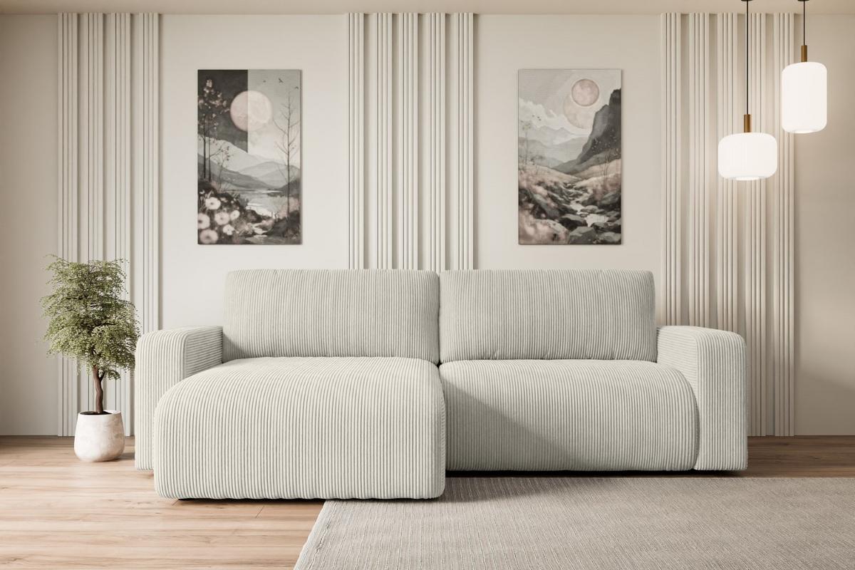 ECKSOFA mit Schlaffunktion und Bettkasten KLEEA-L - 247x143x83 cm Creme Cord - Hellgrau/Creme, Holzwerkstoff/Kunststoff (247/143cm) - ALTDECOR