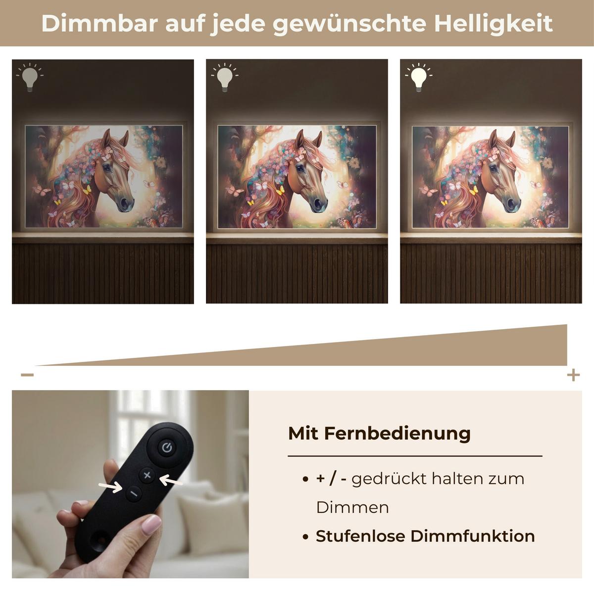 WANDLEUCHTE MIT AKKU Pferd - Natur - Blumen - Schmetterlinge - Wald 60x40 cm - Dunkelbraun, Holzwerkstoff (60/40/8cm) - OnlyWow