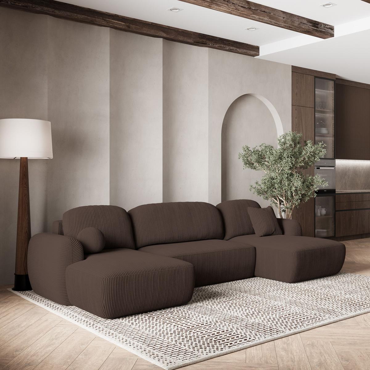 WOHNLANDSCHAFT SAVONA P Braun Kordstoff mit Schlaffunktion - Schwarz/Braun, Holz/Kunststoff (320/90/148cm) - MASSENO