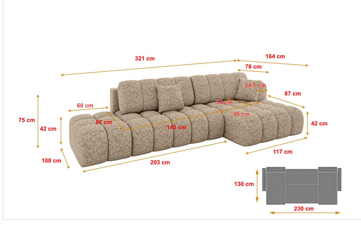 ECKSOFA mit Schlaffunktion Ottomane RECHTS OLEA-L2 321x164x75 Braun Tissu - Alteiche/Schwarz, Holzwerkstoff/Kunststoff (164/321cm) - ALTDECOR
