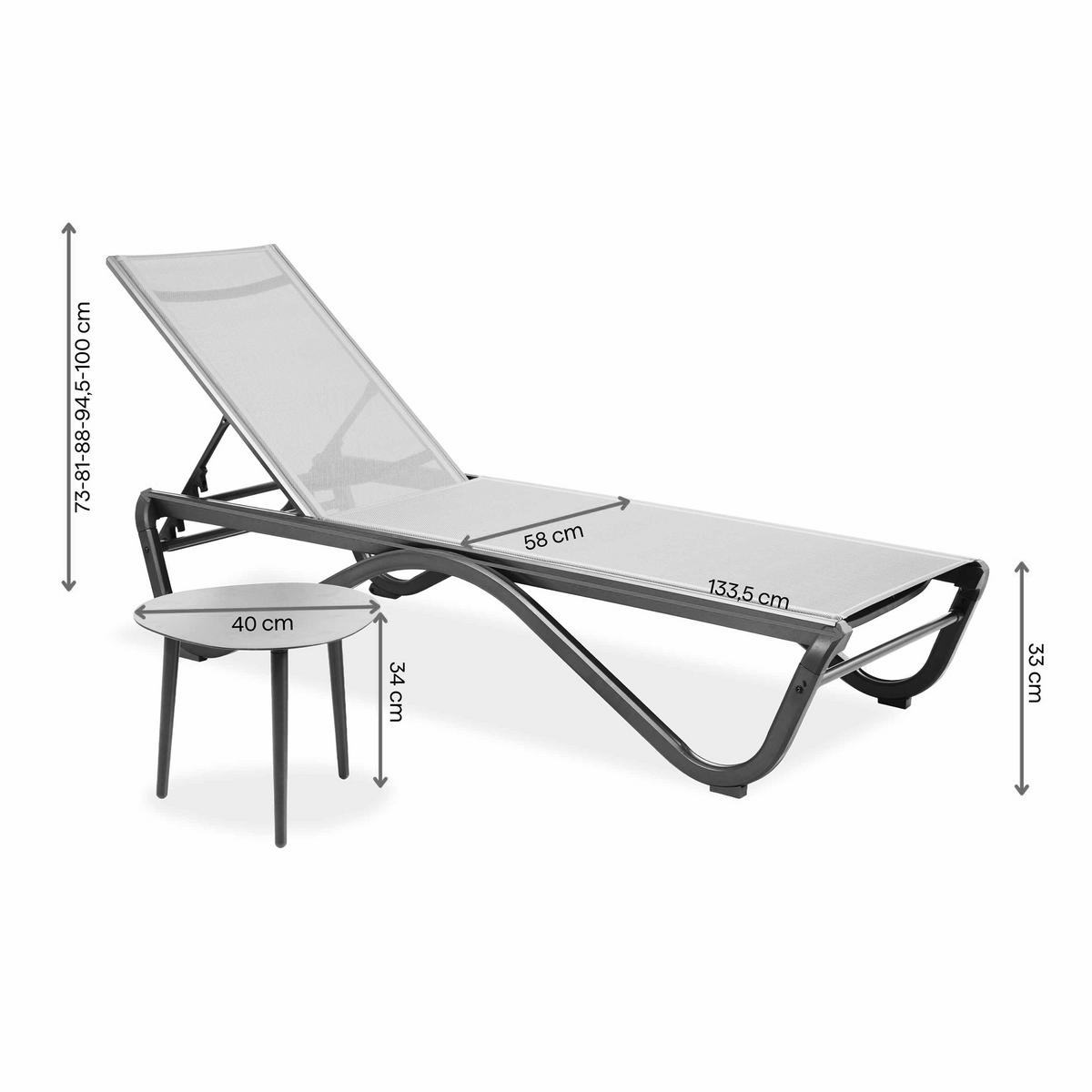 SOMNENLIEGE Marina, 5-stufige Verstellung der Rückenlehne, mit Tisch, Metallrahmen, Grau - Grau, Metall (58/33/133cm) - Beautysofa