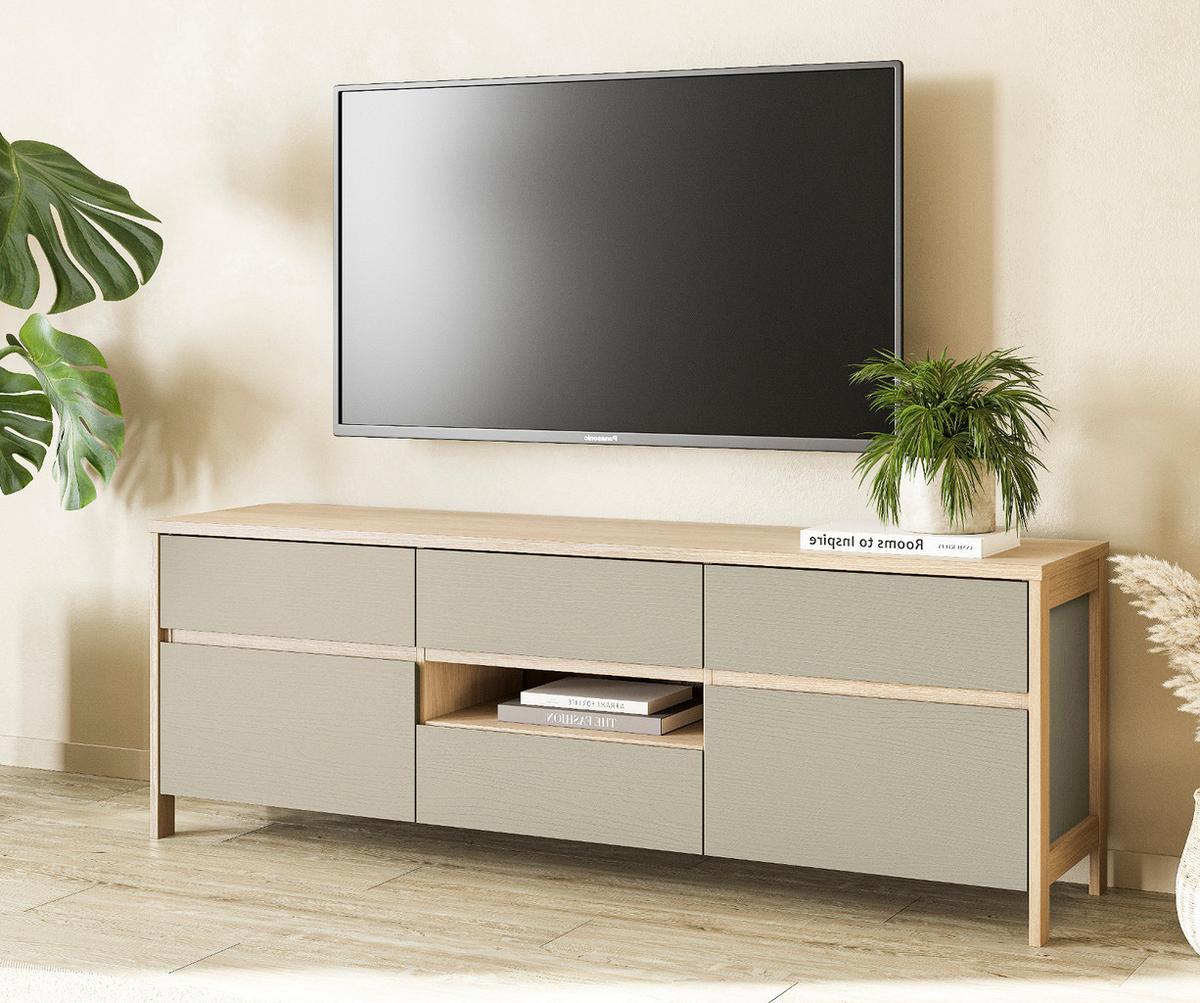 TV-LOWBOARD Salbei Grün, Eiche, TV Unterschrank skandinavisch 164 x 58 cm, Soft-Close - Salbeigrün/Eichefarben, Holzwerkstoff/Metall (164/58/39cm) - Furn.Design