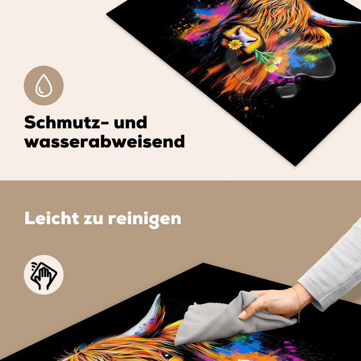 HERDABDECKPLATTE Schottischer Highlander - Graffiti - Bunt - Blume - Tiere Induktionsmatte 77x51 cm - Multicolor, Kunststoff (77/51/0.2cm) - MuchoWow