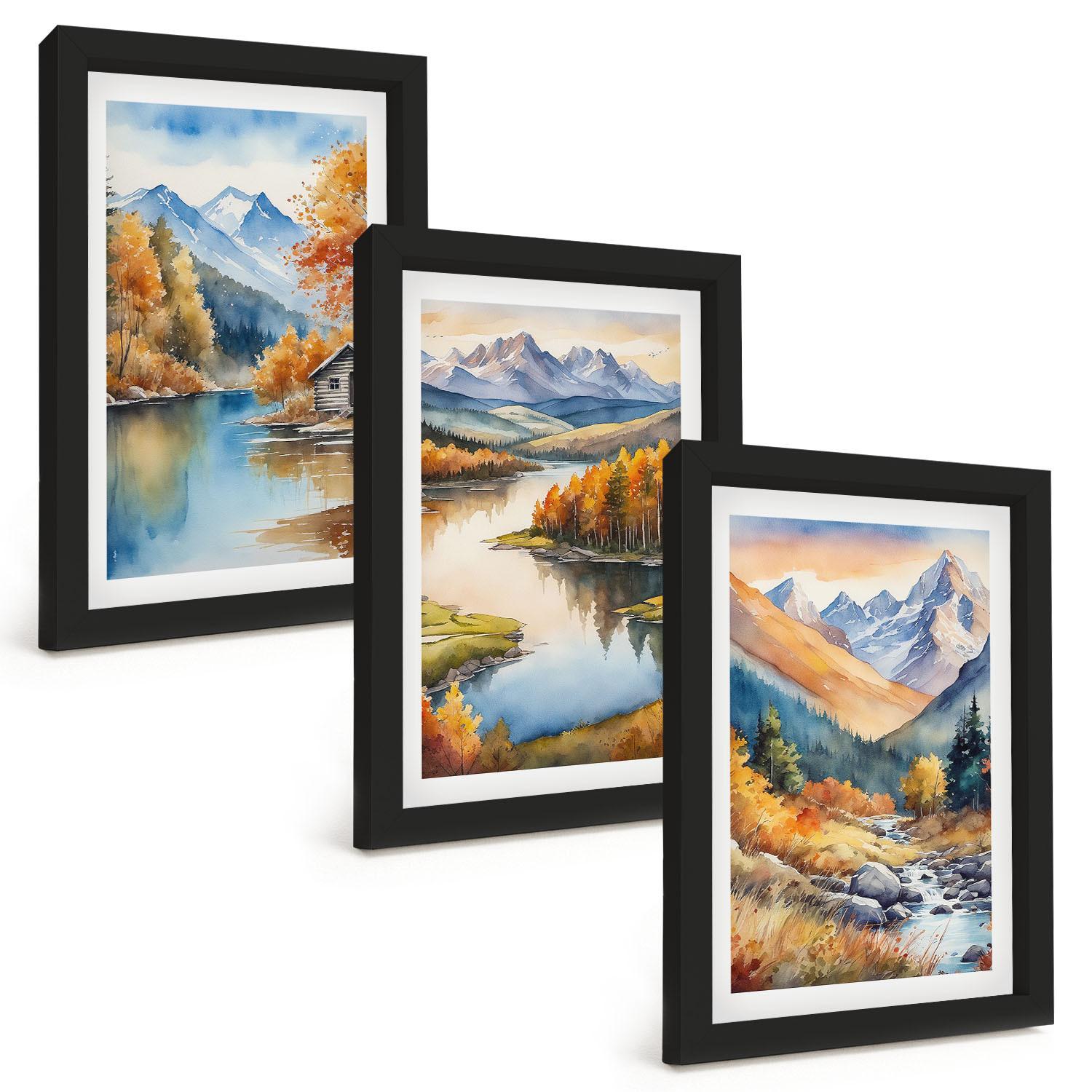 BILDER SET 3er Set - 20x30 cm Schwarzer Rahmen - Gebirgsflüsse, Herbstbäume - Schwarz, Kunststoff (20/30cm) - TULUP