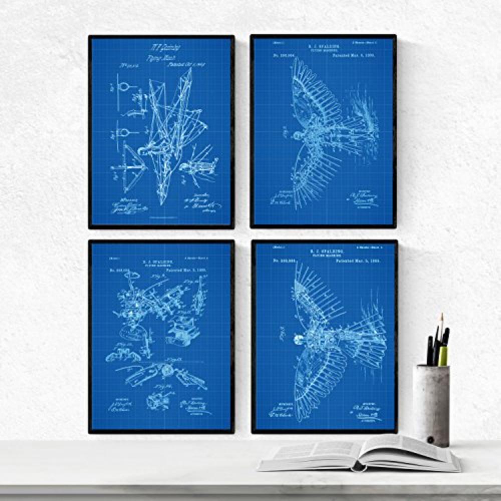 POSTER Set mit 4 Blau Gleiter Patenten A4 Schwarzer Rahmen - Schwarz, Papier (29.7/3cm) - Nacnic