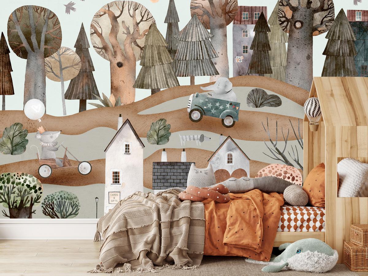 FOTOTAPETE für Kinderzimmer Fantastische Stadt Häuser Wald Tiere Autos 300x210 - Beige/Braun, Papier (300/210cm) - Muralo