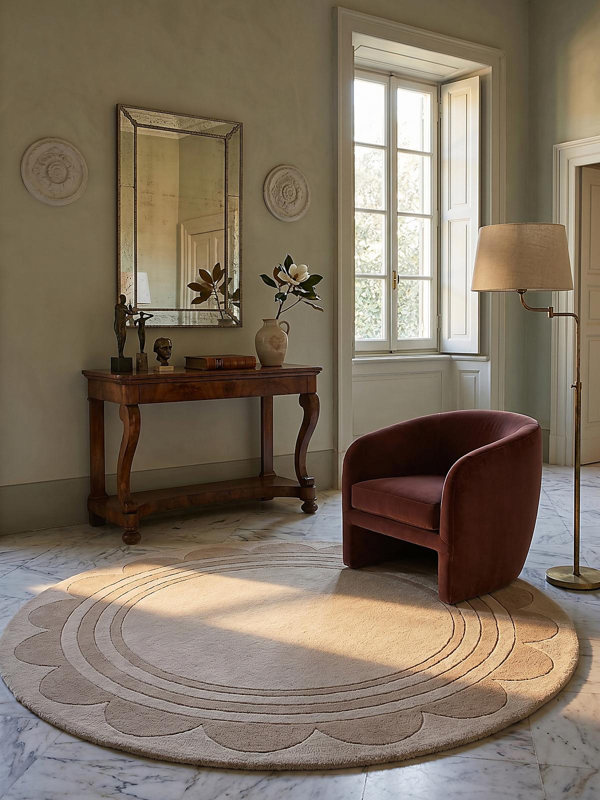 WOLLTEPPICH WENSUM, mit grafischem Muster mit Rahmen, Beige, Ø 120 cm - Beige, Textil (120/120cm) - KADIMA DESIGN