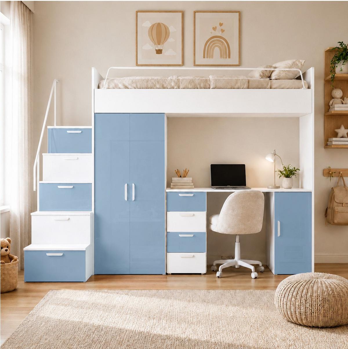 WEISSES Kinderset RAJ 4, Hochglanz - Weiß/Hellblau, Holzwerkstoff (254/180/55cm) - Lookway
