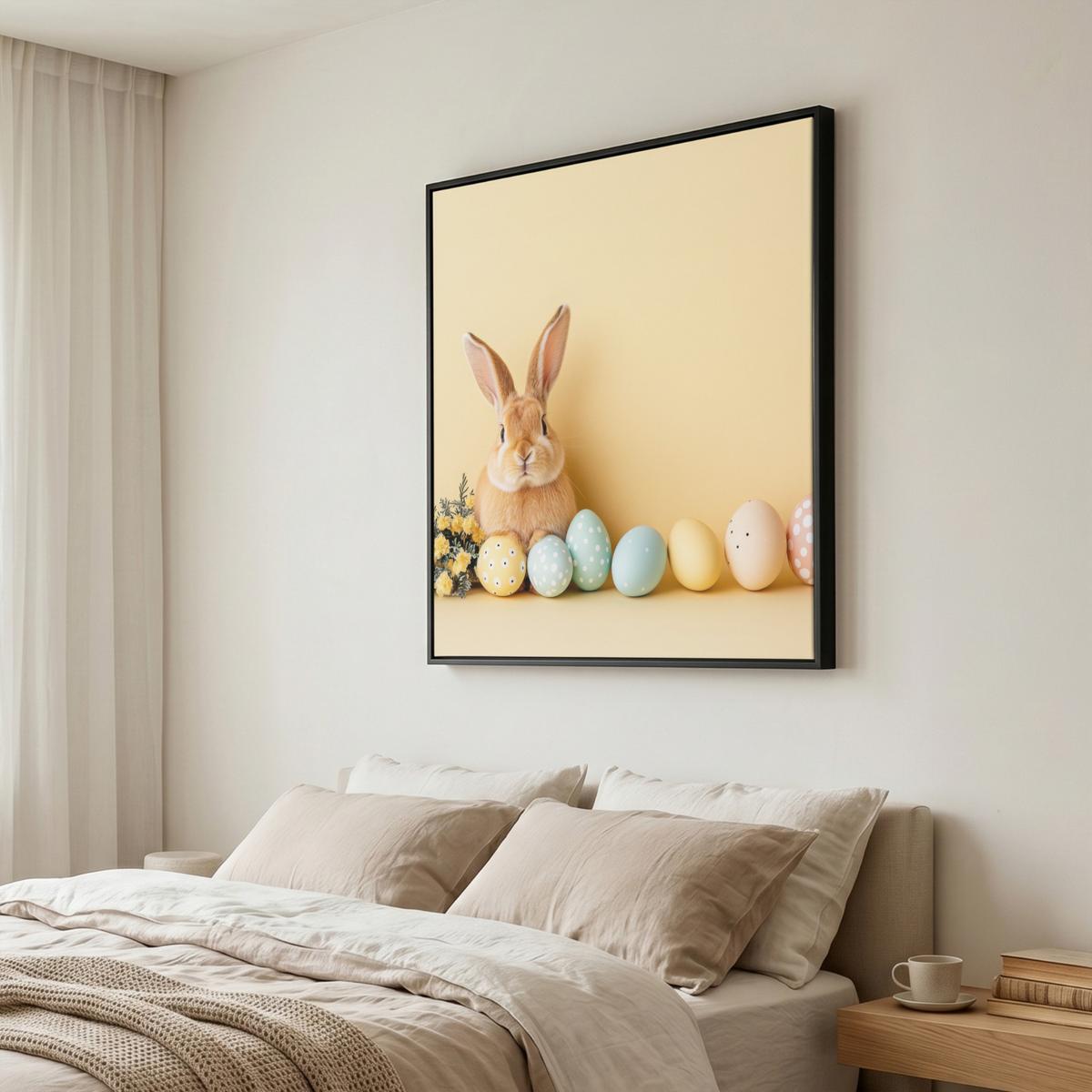 LEINWAND Bilder mit Rahmen - Eier - Kaninchen - Pastellfarbtöne - 90x90 - Hellgelb, Textil (90/90cm) - MuchoWow