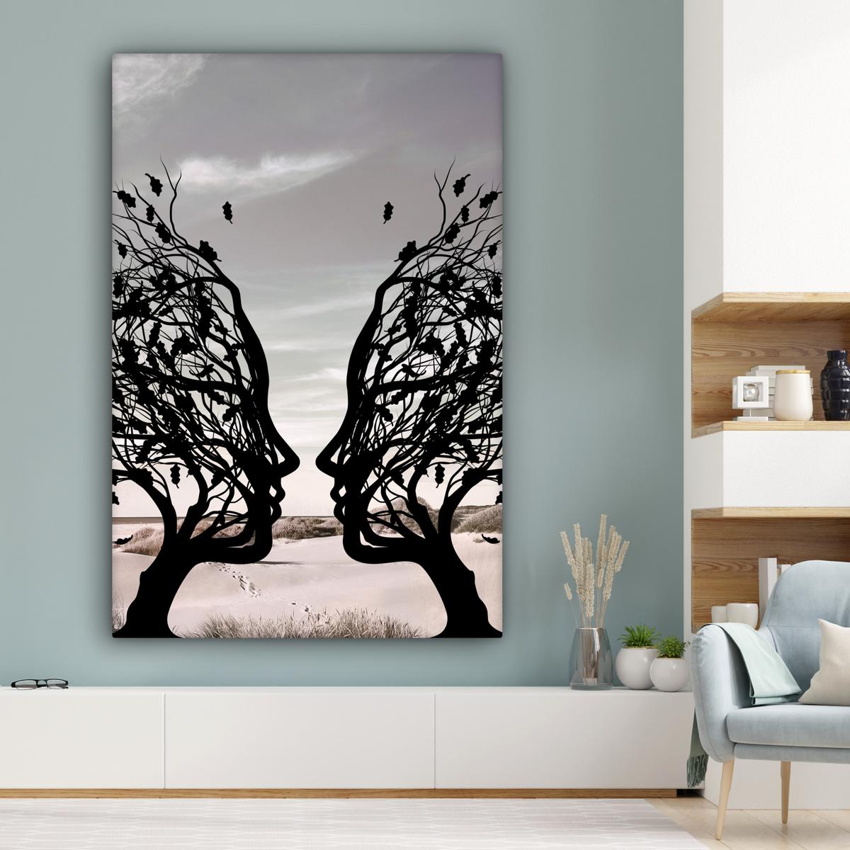 LEINWANDBILD Strand - Meer - Menschen - Baum - Moderne Kunst Deko Groß 90x140 cm - Hellgrau, Textil (90/140cm) - MuchoWow