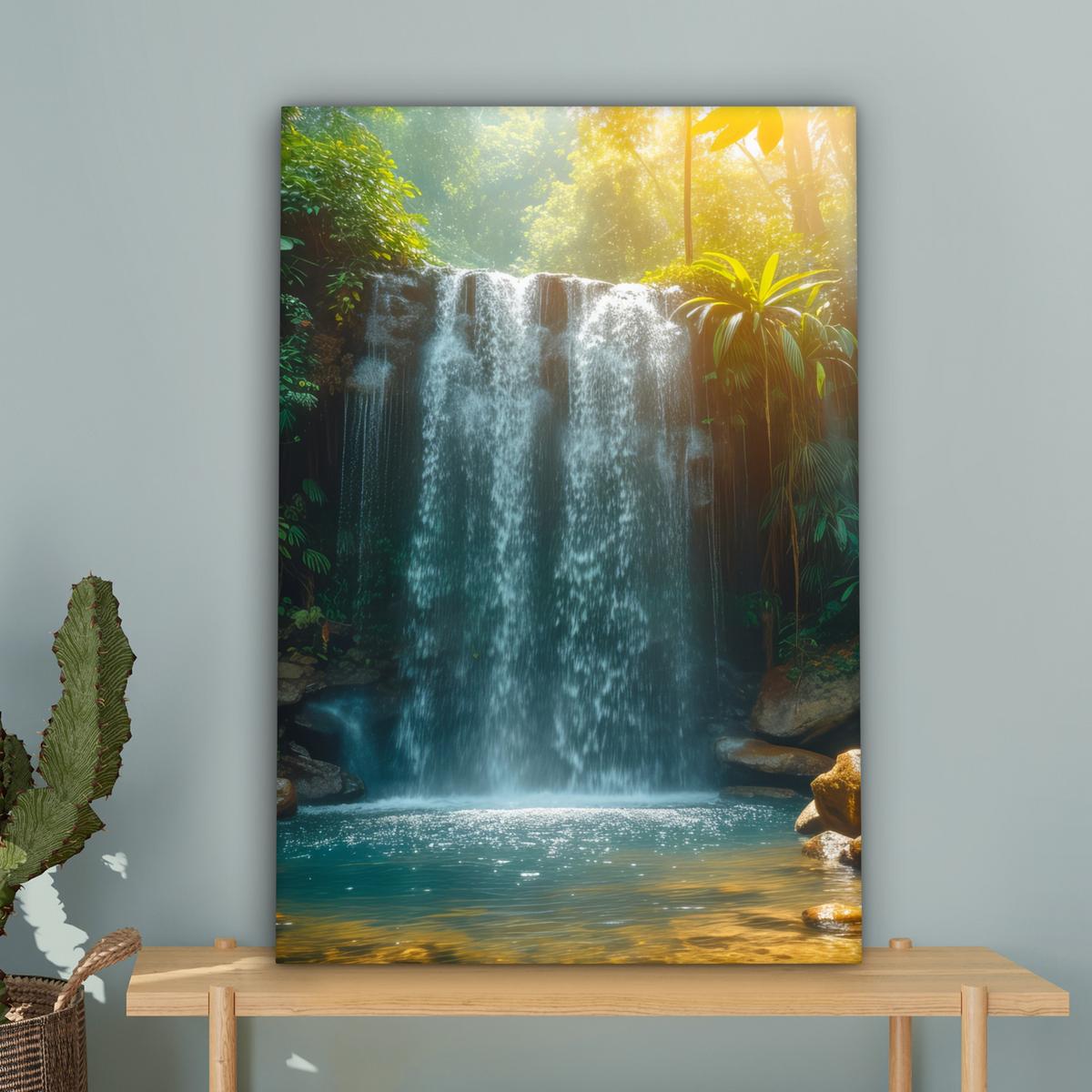 LEINWANDBILD Wasserfall - Dschungel - Sonne - Grün - Natur Wanddeko Schlafzimmer 60x90 cm - Grün, Textil (60/90cm) - MuchoWow