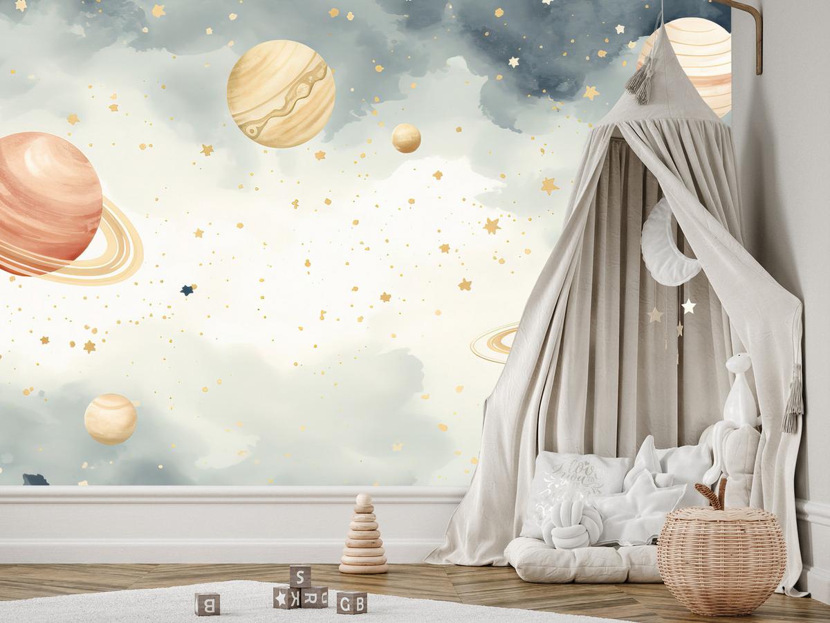 FOTOTAPETE für Kinderzimmer Pastell Planeten Saturn Uran Sterne 100x70 - Blau/Ecru, Papier (100/70cm) - Muralo
