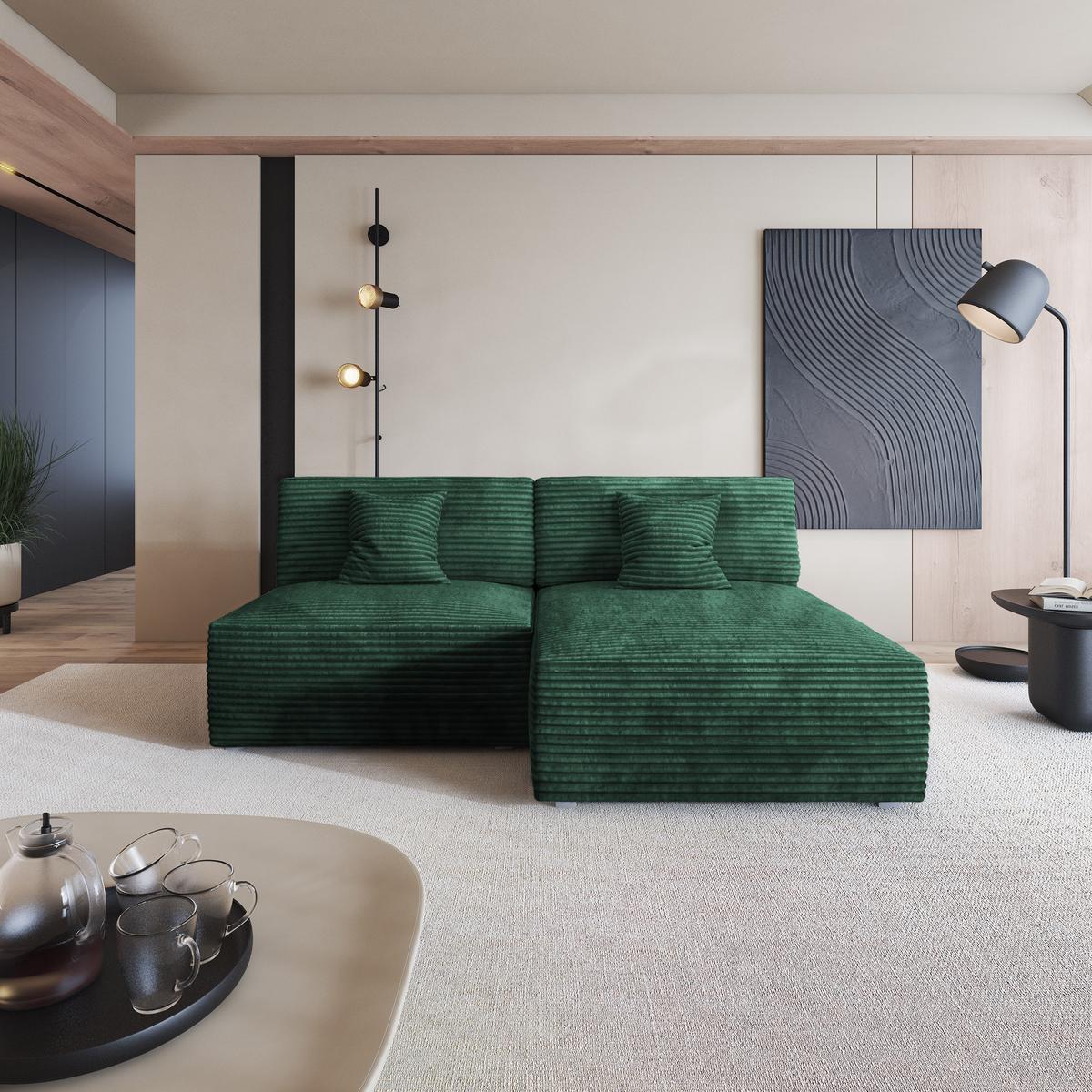 ECKSOFA FIORO Grün Kordstoff mit Schlaffunktion - Grün, Holz (204/148cm) - MASSENO