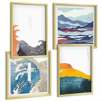 BILDER SET 4er Set - 50x50 cm & 40x60 cm Goldrahmen - Wellen – Japanische Kunstgrafik - Goldfarben, Kunststoff (50/50cm) - TULUP