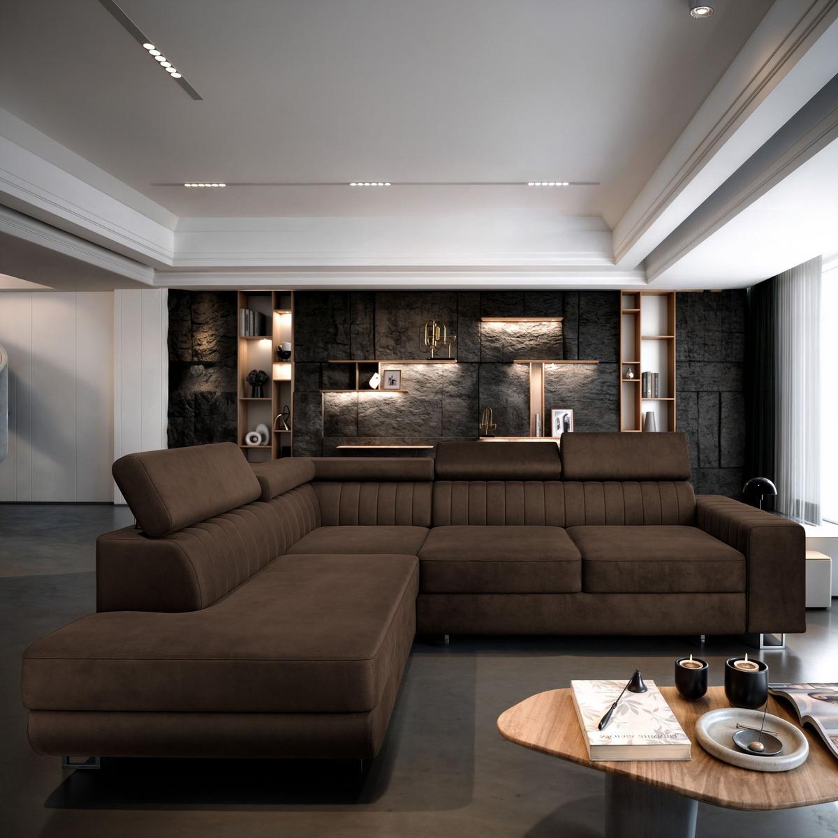 ECKSOFA NOLA L-S Braun Velours-Stoff mit Schlaffunktion - Silberfarben/Braun, Holz/Textil (253/190cm) - MASSENO