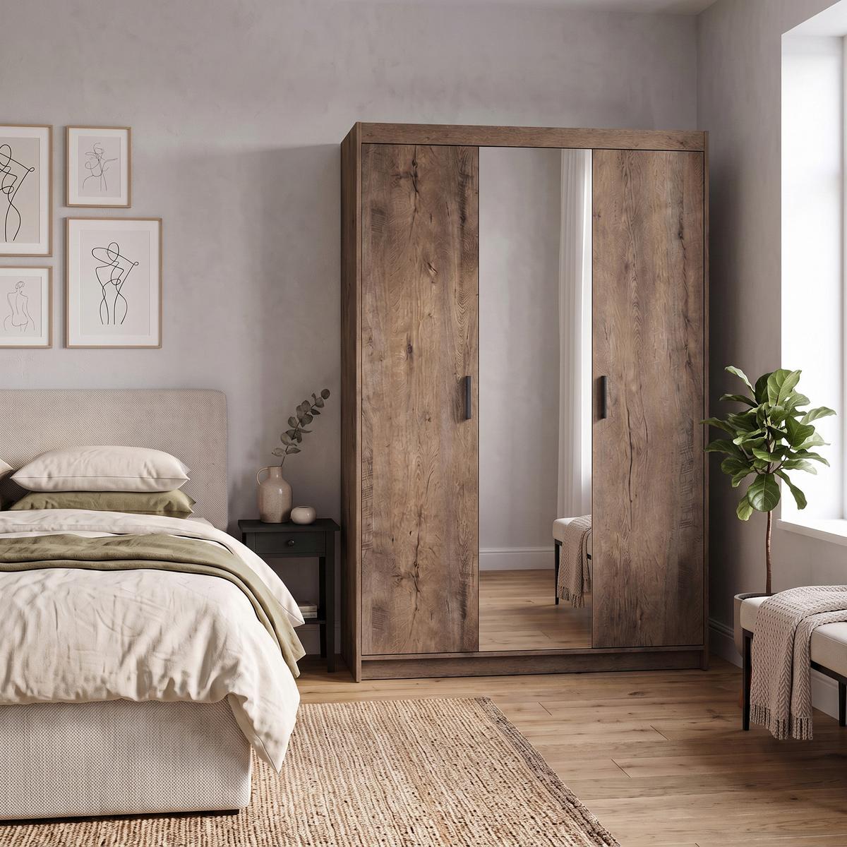 DREHTÜRENSCHRANK Elena mit 3 Türen, mit Spiegel, Eiche Lefkas - Eichefarben, Holzwerkstoff (130/190/53cm) - Beautysofa