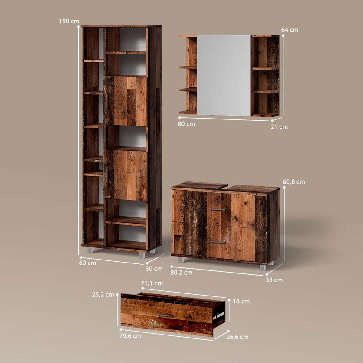 BADMÖBEL-SET Eisak Eiche rustikal 3 Teile, mit Hochschrank - Wildeiche, Holzwerkstoff (80/60/33cm) - Livinity®
