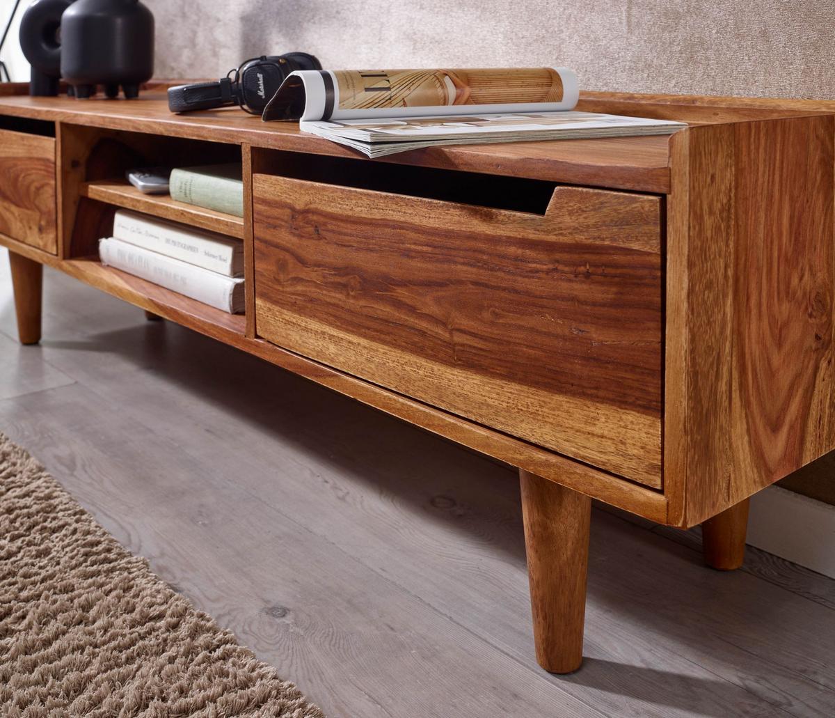 LOWBOARD Massivholz Landhausstil für 60-Zoll Fernseher mit Stauraum und Schutzlackversiegelung - Braun, Holz (145/43/35cm) - KADIMA DESIGN