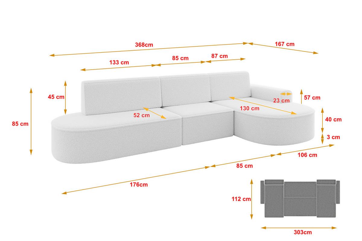 ECKSOFA mit Schlaffunktion Ottomane RECHTS MARI L2-S 368X167X85 Weiß Bouclé - Schwarz/Weiß, Holzwerkstoff/Kunststoff (167/368cm) - ALTDECOR