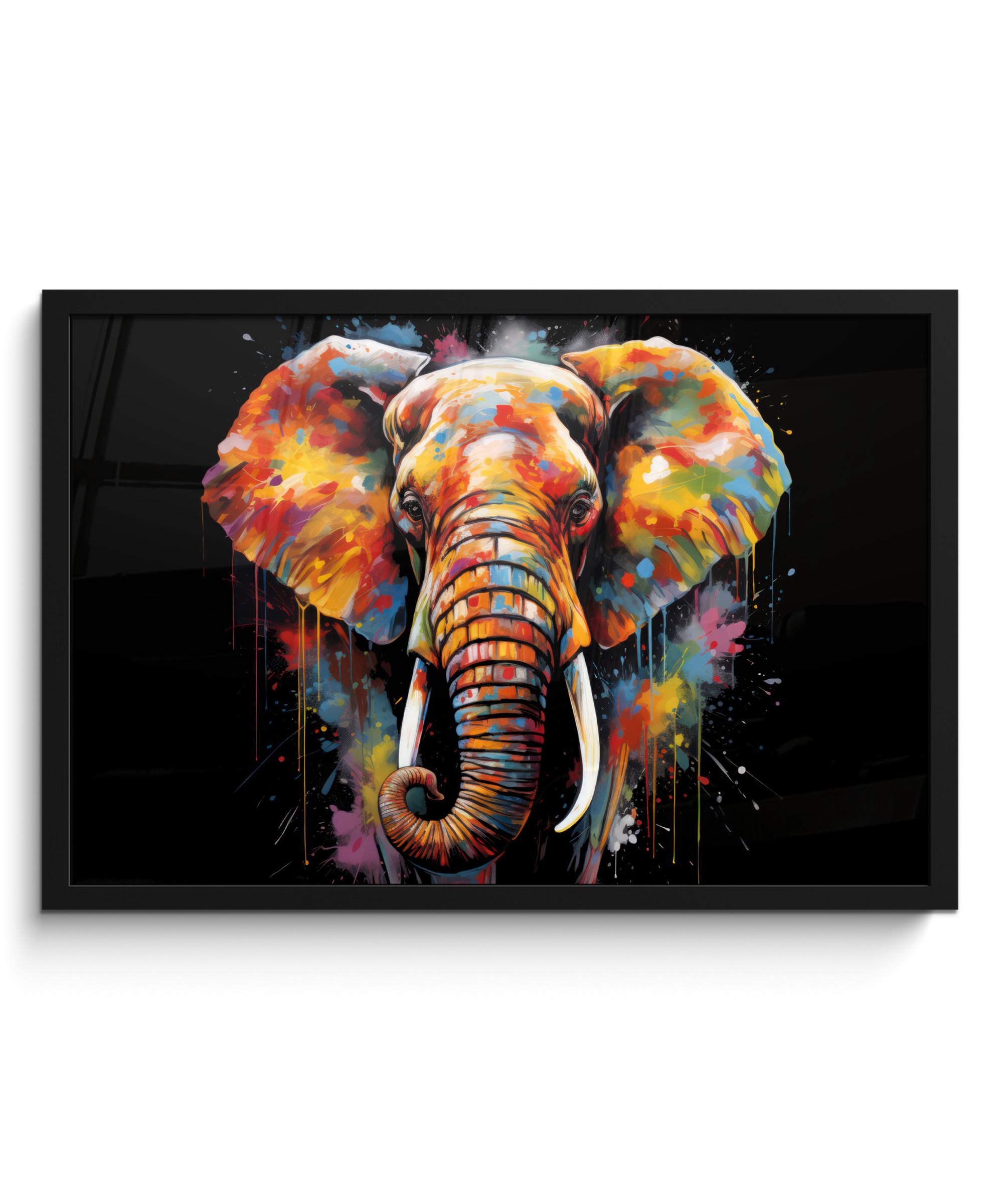 POSTER MIT RAHMEN Elefant - Graffiti - Schwarz - Tiere - Farben 60x40 cm - Schwarz, Papier (60/40cm) - MuchoWow