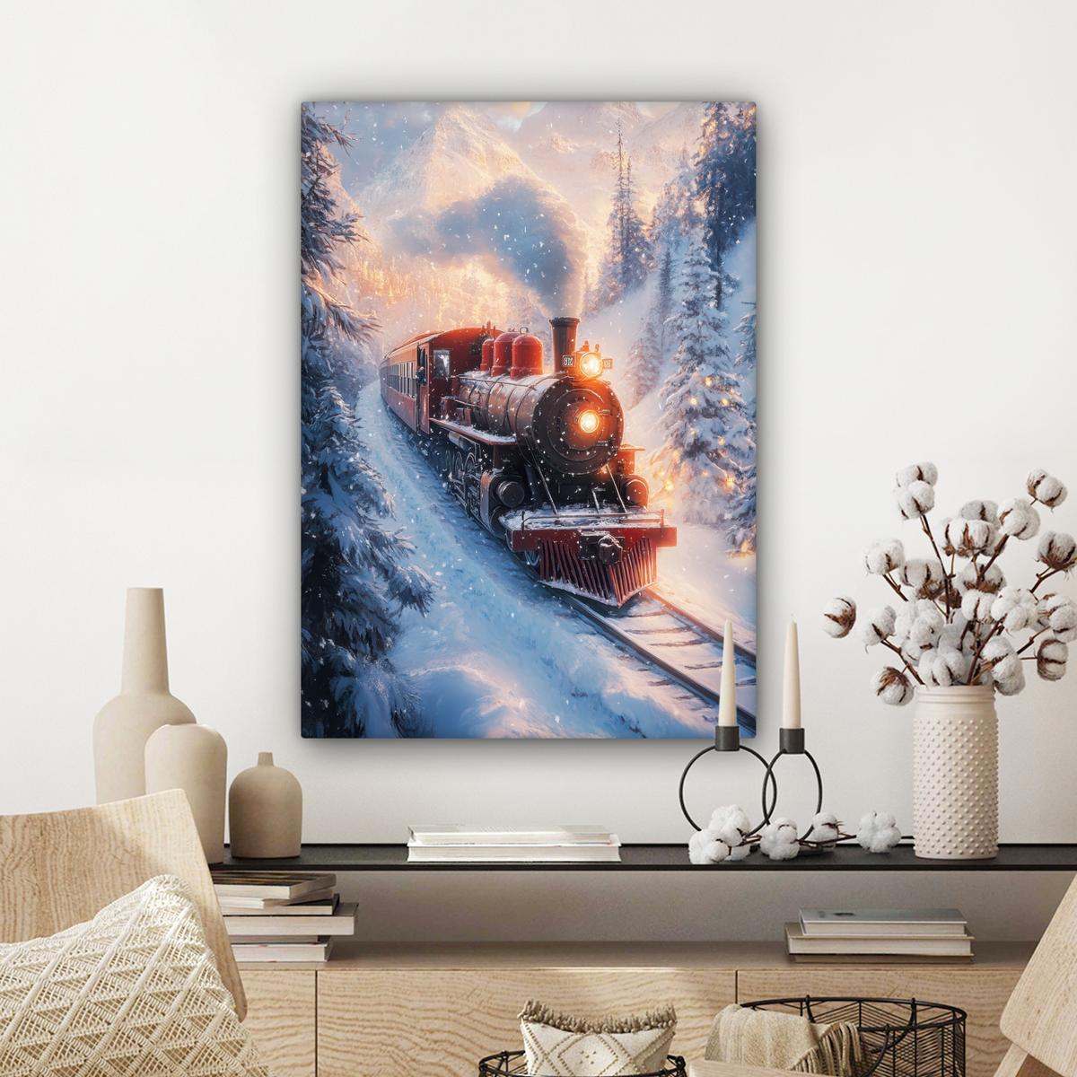 LEINWANDBILD Weihnachtszug - Schnee - Winter - Weihnachten Wandbild Wohnzimmer 60x80 cm - Dunkelrot, Textil (60/80cm) - MuchoWow