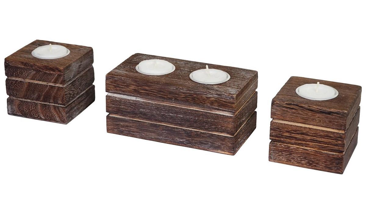 SET TEELICHTHALTER Braun 3er-Set-Set - Braun, Holz (7cm) - MCW