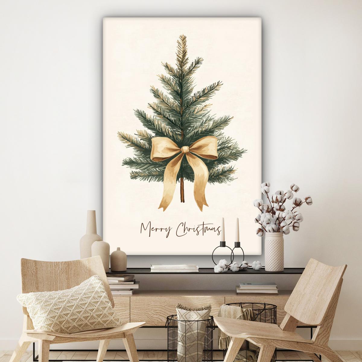 LEINWANDBILD Weihnachtsbaum - Weihnachten - Frohe Weihnachten - Beige Deko Groß 90x140 cm - Sandfarben, Textil (90/140cm) - MuchoWow