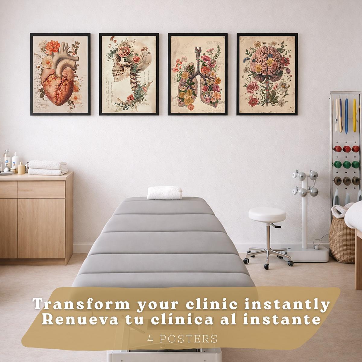 POSTER Set aus 4 Vintage Anatomie Drucke und Wandbilder mit Blumen Herz Lungen Schädel und Gehirn Wanddekoration Größe Schwarzer Rahmen A4 - Schwarz, Papier (21/29.7/3cm) - Nacnic