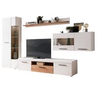 WOHNWAND weiß matt, Evoke Eiche, Wohnkombination 4-teilig, Soft-Close-Funktion - Eichefarben/Silberfarben, Glas/Holzwerkstoff (327/200/45cm)