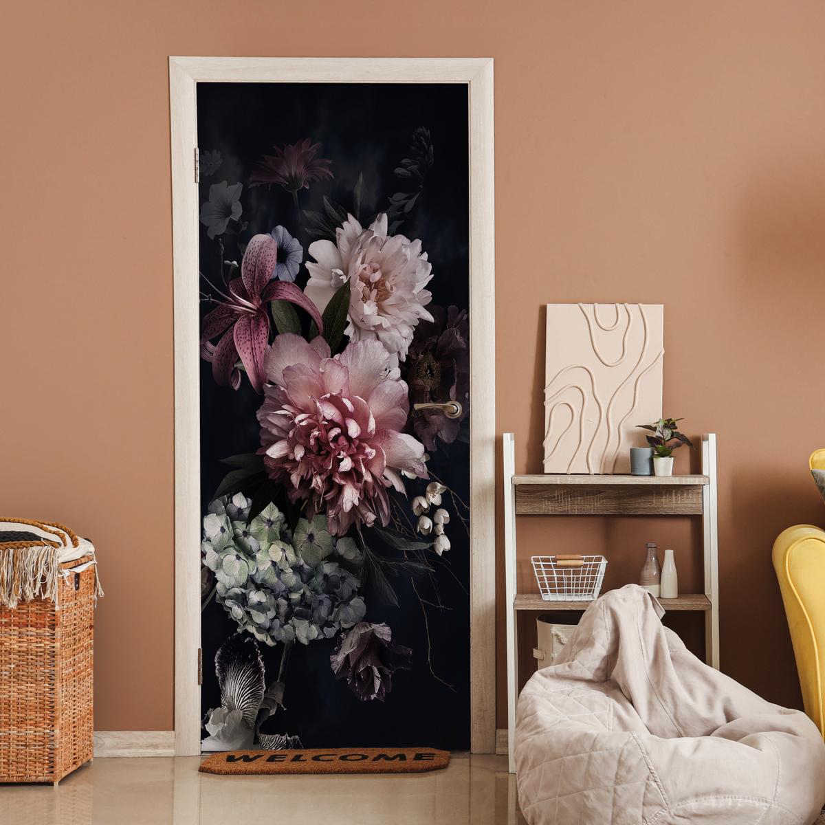TÜRAUFKLEBER Selbstklebend - Blumen - Vintage - Pastell - Rosa - Weiß 85x205 cm - Türtapete - Altrosa, Kunststoff (85/205cm) - MuchoWow