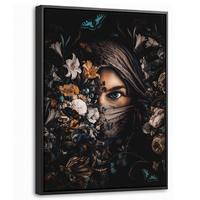 LEINWAND Bilder mit Rahmen - Frau - Luxus - Blumen - Schmetterling - Porträt - 30x40 - Schwarz, Textil (30/40cm) - MuchoWow