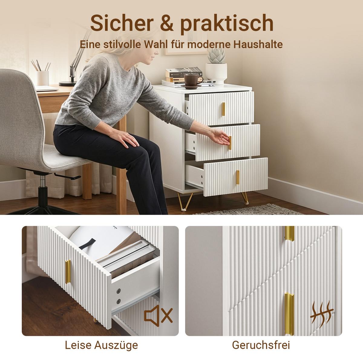 NACHTTISCH 2er Set, Beistelltisch mit 3 Schubladen, Weiß 40x40x63cm - Weiß, Holzwerkstoff (40/63/36cm) - SoBuy