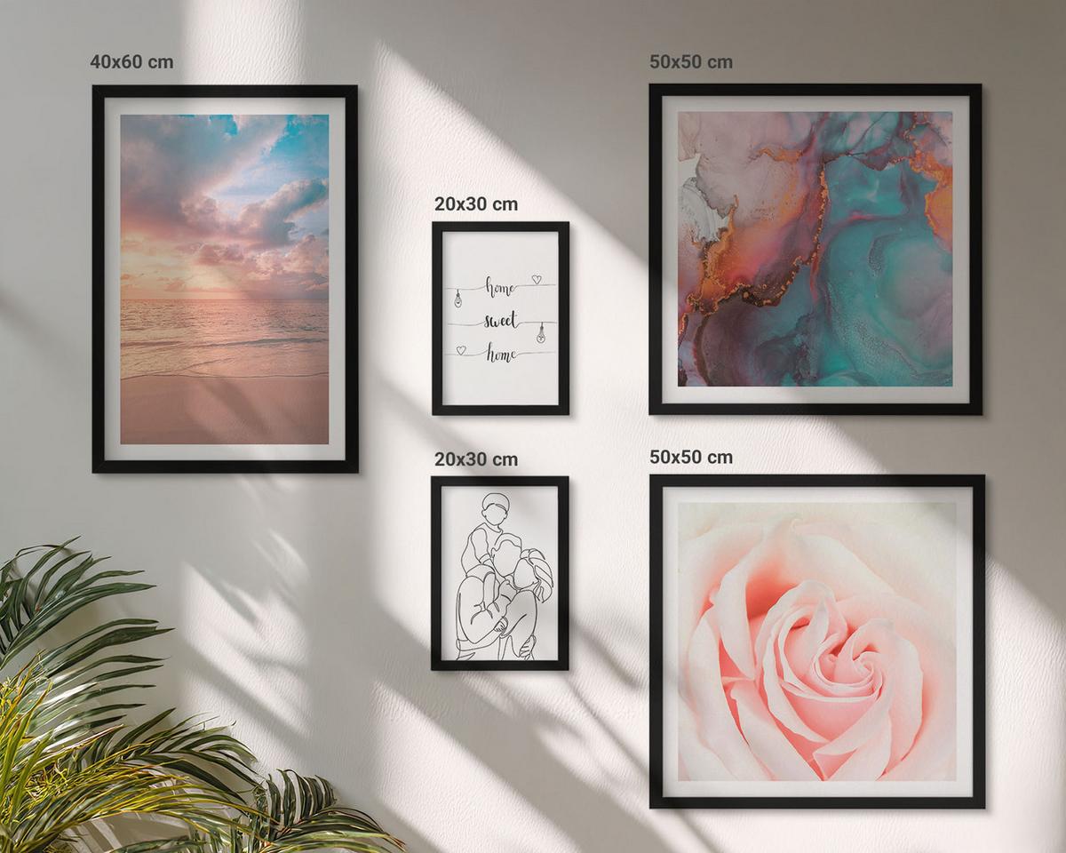BILDER SET 5er Set - 50x50 cm & 20x30 cm & 40x60 cm Schwarzer Rahmen - Blumenfamilie minimalistisch - Schwarz, Kunststoff (40/60cm) - TULUP