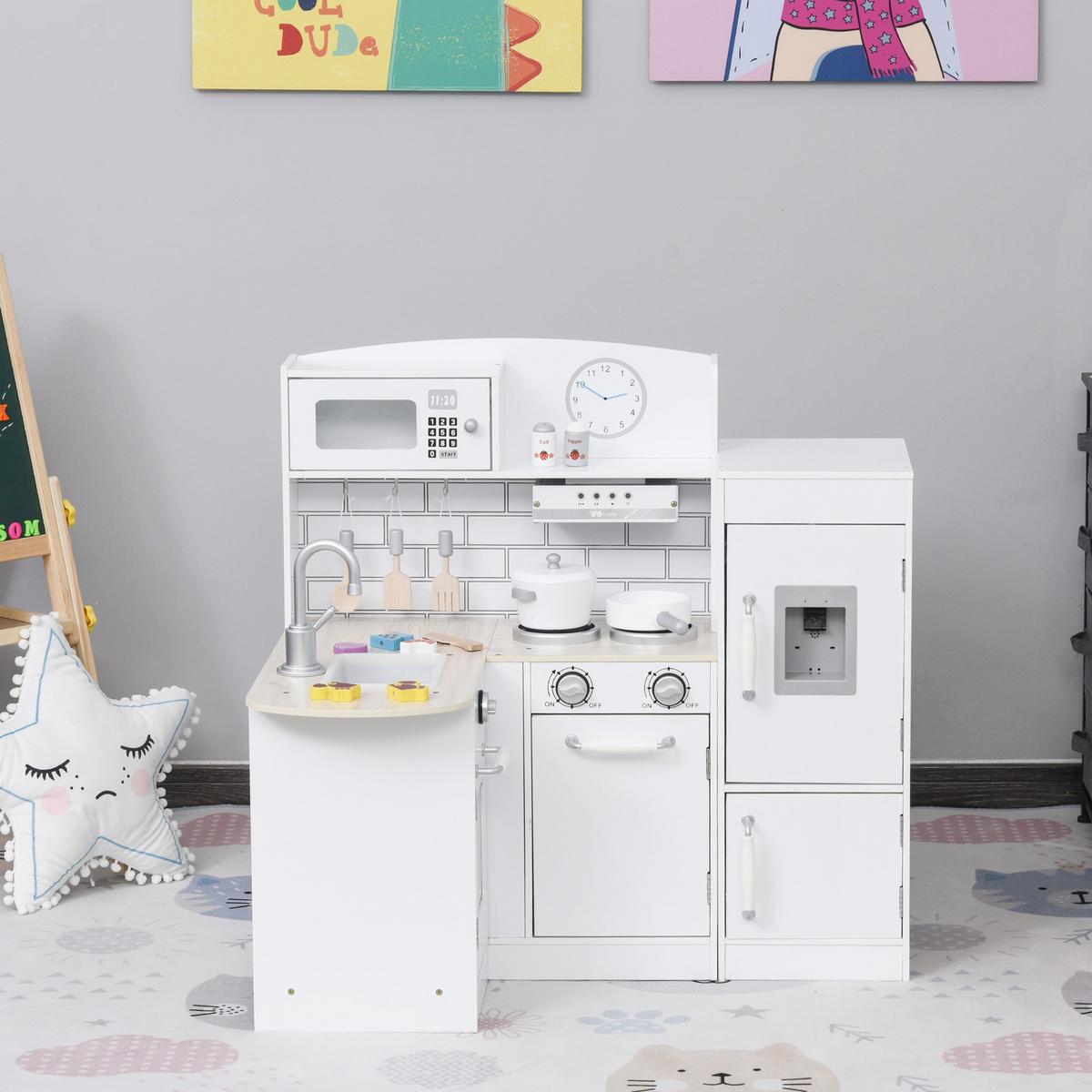 KINDERKÜCHE Spielküche mit elektronischem Wasserspender, Backofen, Weiß - Weiß, Holzwerkstoff (86/64/84.5cm) - HOMCOM