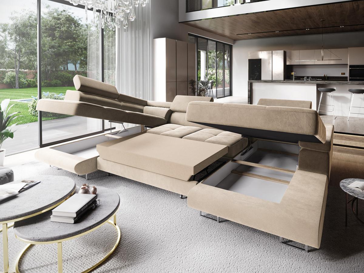 WOHNLANDSCHAFT CASONE L-S Creme Velours-Stoff mit Schlaffunktion - Silberfarben/Creme, Holz/Textil (345/90/202cm) - MASSENO