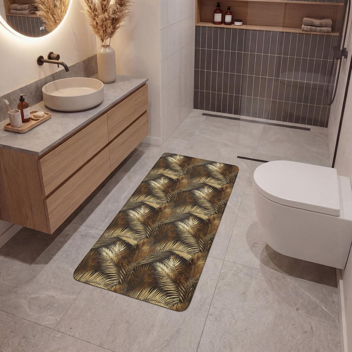 BADEMATTE Tropisch - Blätter - Gold 60x120 cm - Dunkelbraun/Goldfarben, Textil (60/120cm) - OnlyWow
