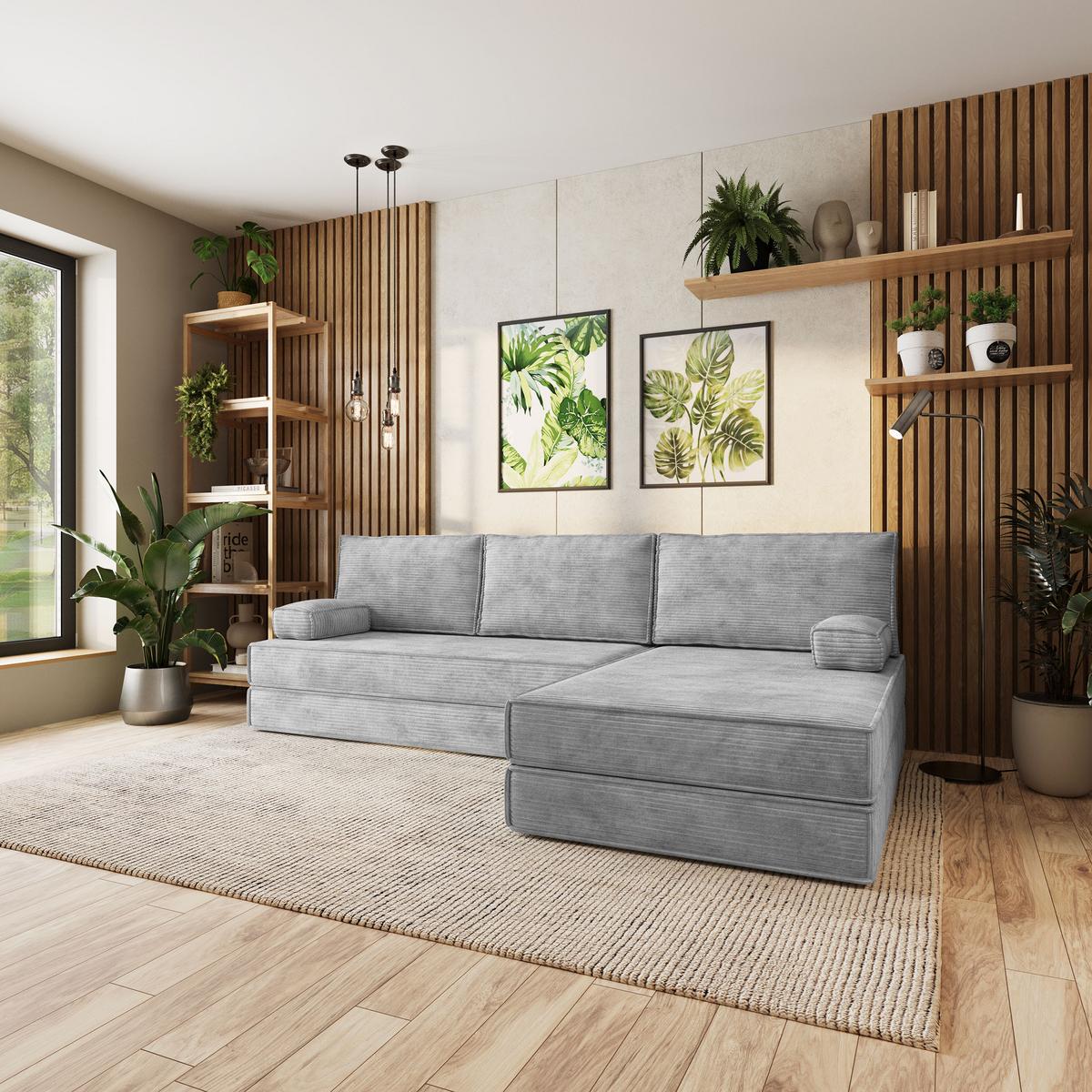 ECKSOFA ANKO modulares Boneless Sofa mit Schlaffunktion Hellgrau Kordstoff - Hellgrau, Textil (270/160cm) - MASSENO
