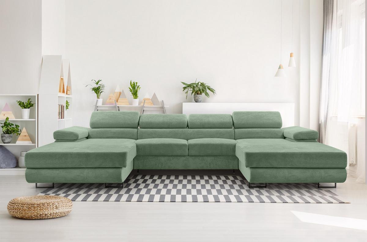 WOHNLANDSCHAFT Arborio Salbeigrün 352/202/90 cm mit Schlaffunktion - Schwarz/Grün, Textil/Metall (352/90/202cm) - AX Living