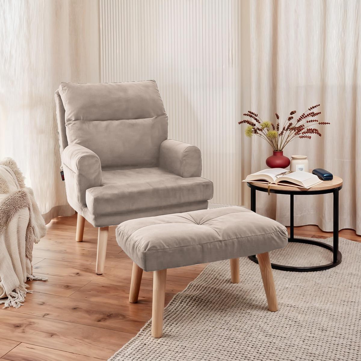 RELAXSESSEL NEMO mit Hocker und Holzfüßen - Beige, Holz (65/95/65cm) - Idohome