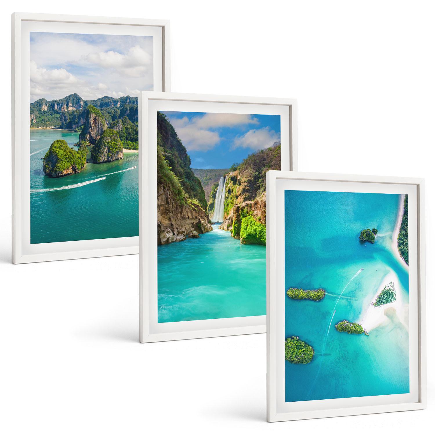 BILDER SET 3er Set - 40x60 cm Weißer Rahmen - Tropische Inseln, türkisfarbenes Wasser - Weiß, Kunststoff (40/60cm) - TULUP