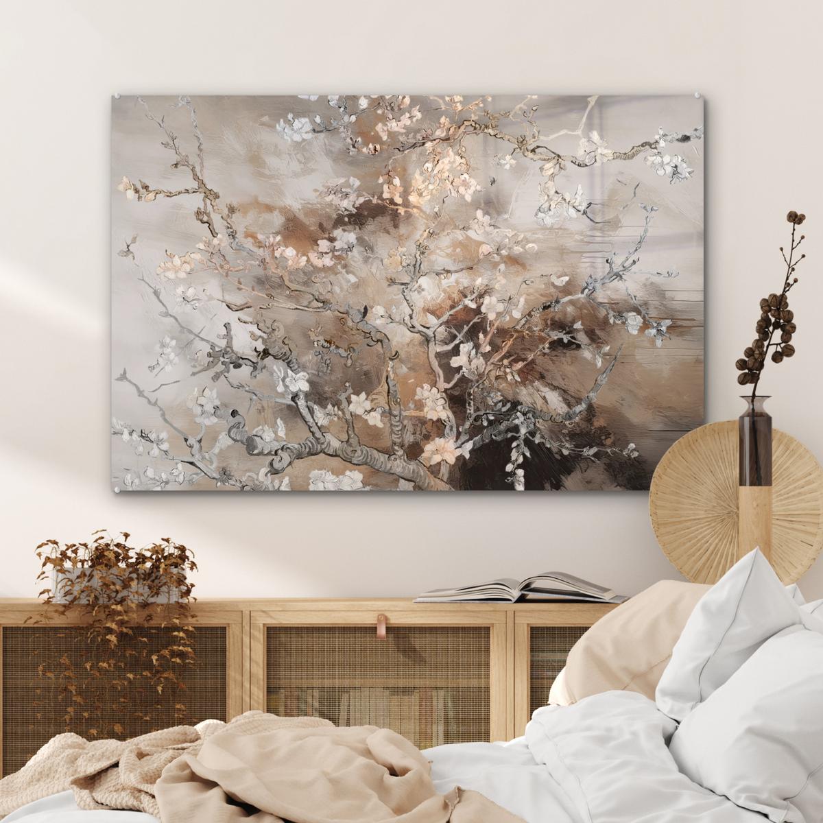 ACRYLGLASBILD Mandelblüte - Kunst - Van Gogh - Beige - Abstrakt Wandbild Schlafzimmer 120x80 cm - Braun, Glas (120/80cm) - MuchoWow