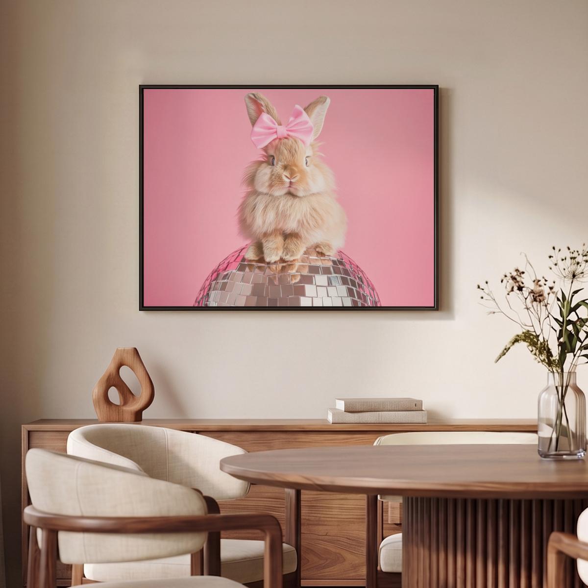 LEINWAND Bilder mit Rahmen - Schleife - Discoball - Kaninchen - 80x60 - Pink, Textil (80/60cm) - MuchoWow