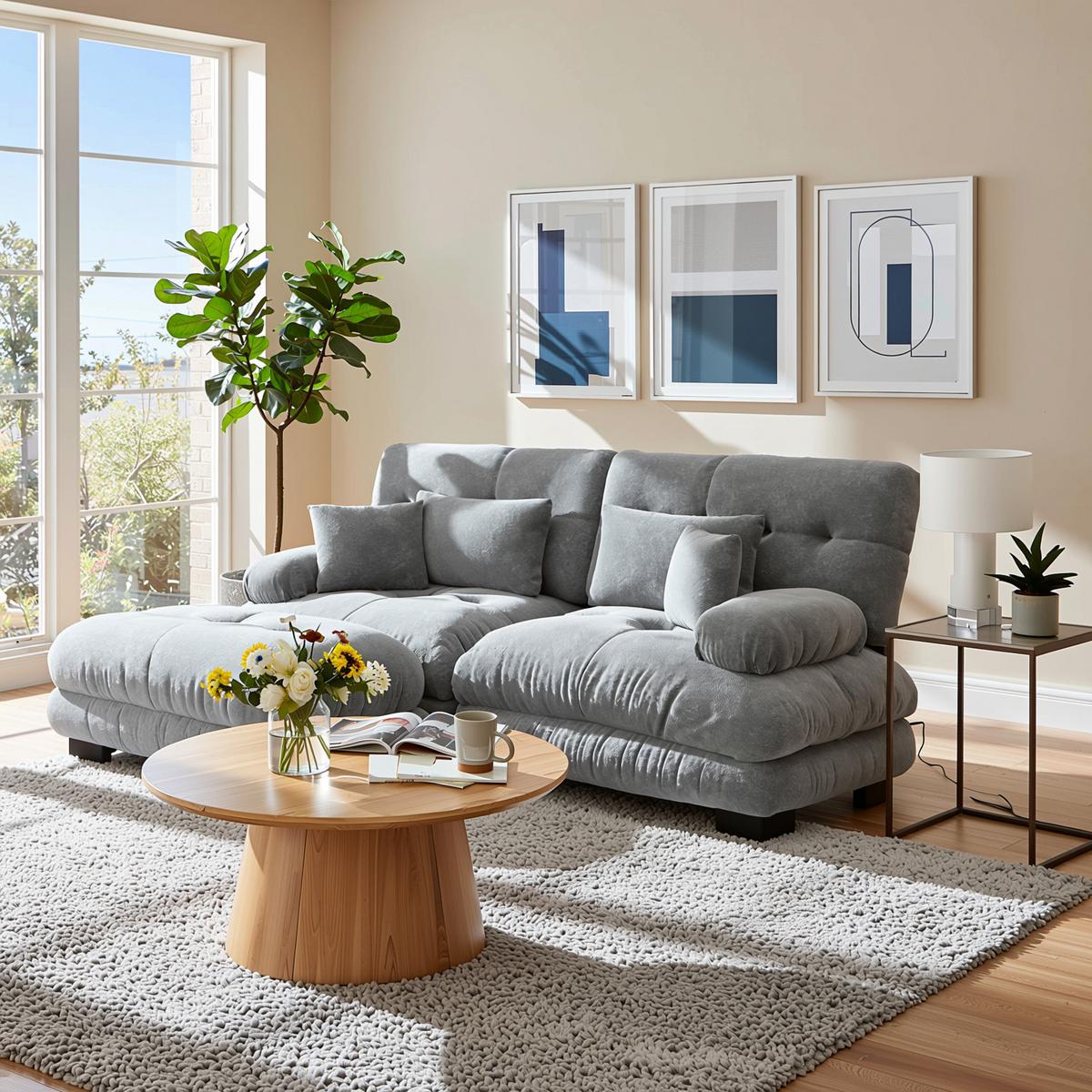 ECKSOFA chenille grau mit ottoman & 4 kissen - Grau, Textil (220/145cm) - Urban Meuble