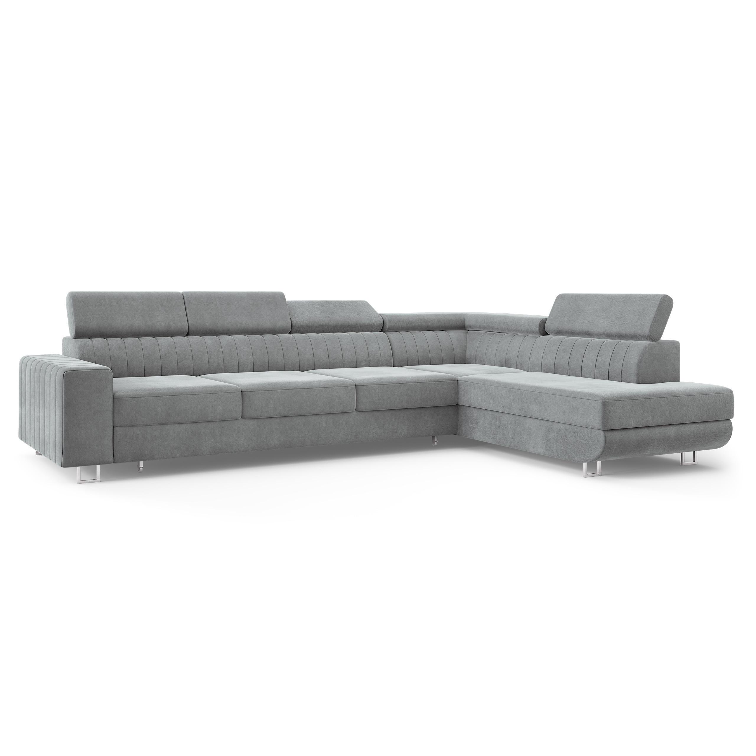 ECKSOFA HESTION Hellgrau Velours-Stoff mit Schlaffunktion - Hellgrau, Holz (332/190cm) - MASSENO