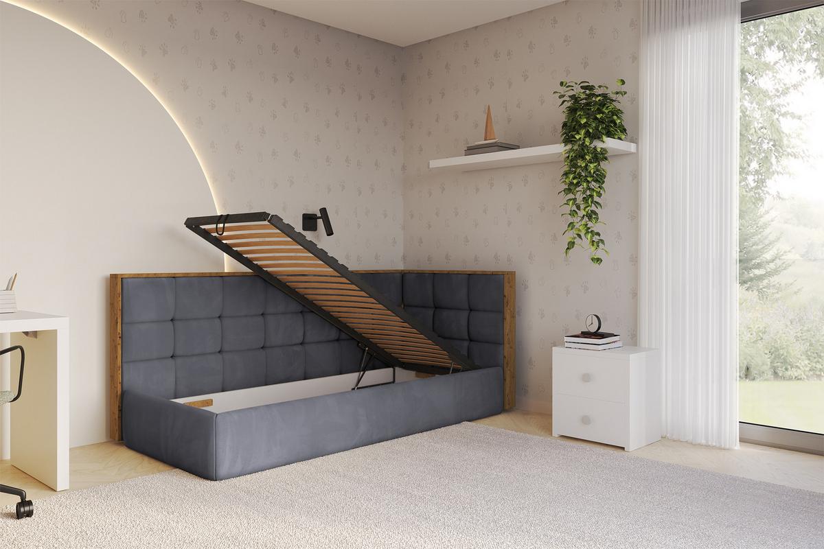 EINZELLBETT Jugendbett mit Bettkasten und Matratze H3/H4, Links - SOVY 90x200 Dunkelgrau - Dunkelgrau, Holzwerkstoff/Textil (90/200cm) - ALTDECOR
