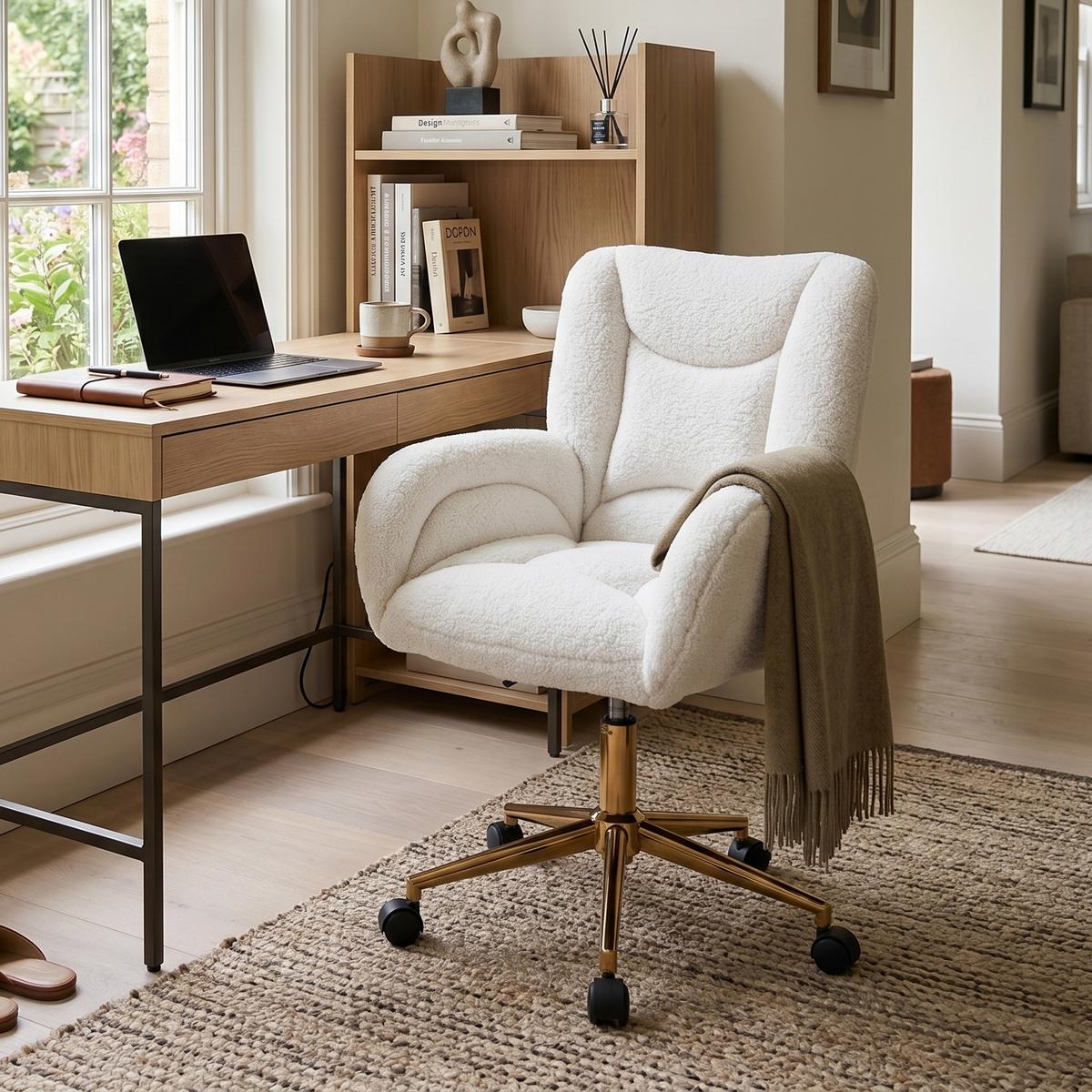 BÜROSTUHL teddy-stoff weiß & gold, höhenverstellbar & 360° drehbar - Weiß, Textil (64/92.5/62cm) - Urban Meuble