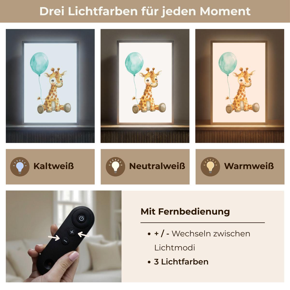 WANDLEUCHTE MIT AKKU Giraffe - Baby - Tiere - Blauer Ballon 40x60 cm - Weiß, Holzwerkstoff (40/60/8cm) - OnlyWow